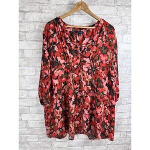 Lands End Popover Tunic Top Vibrant Floral  V Neck Smocked Size 2X Lagenlook‎